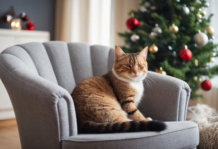 Gray cat resting in a soft armchair and carefully looks into the camera, abstract blurred room background. portrait of cute relaxed cat close up. concept of happy pet life, care of domestic animal.の素材