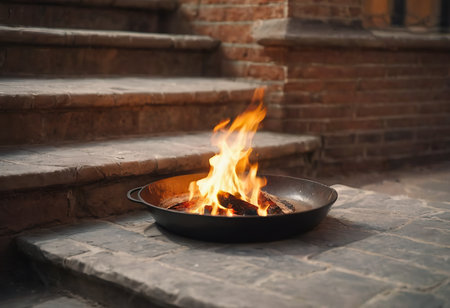 Evening Open Fire Flame Outdoors. Selective Focus.の素材