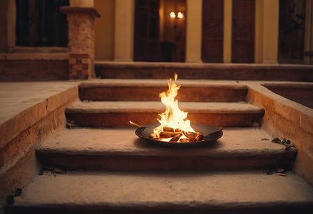 Evening Open Fire Flame Outdoors. Selective Focus.の素材