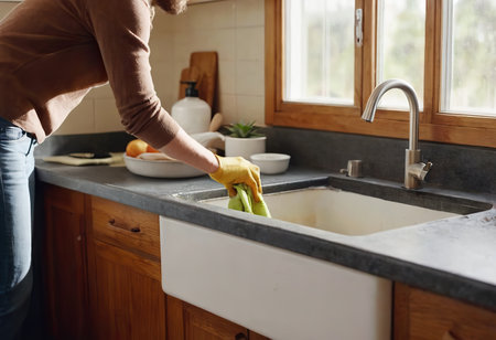 close-up hands of homemaker cleaning and tidying up bright kitchen, steel sink for dishes, modern chrome faucet, Home Cleaning Routineの素材