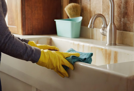 close-up hands of homemaker cleaning and tidying up bright kitchen, steel sink for dishes, modern chrome faucet, Home Cleaning Routineの素材