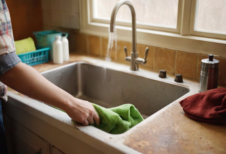 close-up hands of homemaker cleaning and tidying up bright kitchen, steel sink for dishes, modern chrome faucet, Home Cleaning Routineの素材