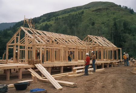 New residential construction home framing against a blue sky. Roofing construction. Wooden constructionの素材