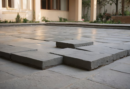 Laying gray concrete paving slabs in house courtyard driveway patio. Professional workers bricklayers are installing new tiles or slabs for driveway, sidewalk or patio on leveled sand foundation base.の素材