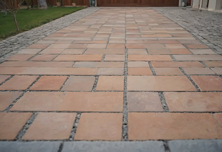 Laying gray concrete paving slabs in house courtyard driveway patio. Professional workers bricklayers are installing new tiles or slabs for driveway, sidewalk or patio on leveled sand foundation base.の素材