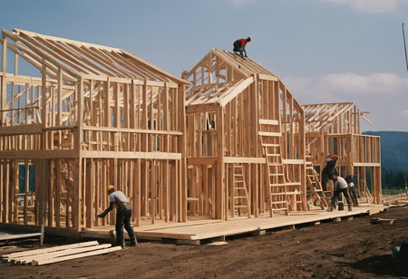 New residential construction home framing against a blue sky. Roofing construction. Wooden constructionの素材