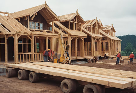New residential construction home framing against a blue sky. Roofing construction. Wooden constructionの素材
