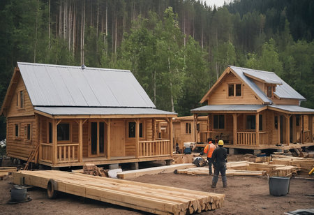 New residential construction home framing against a blue sky. Roofing construction. Wooden constructionの素材