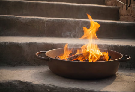 Evening Open Fire Flame Outdoors. Selective Focus.の素材