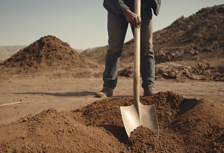 A man plants a tree, hands with a shovel digs the earth, nature, environment and ecology. dug holeの素材