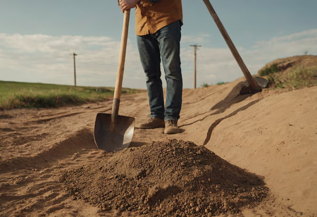 A man plants a tree, hands with a shovel digs the earth, nature, environment and ecology. dug holeの素材
