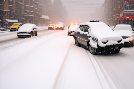 Crashed cars right after an accident on winter road with snow.の素材