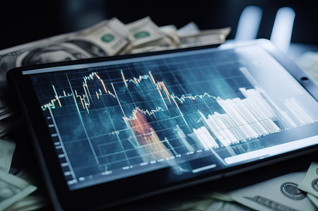 Currency/Stock Correction Chart on Tablet. Table, Banknotes.の素材