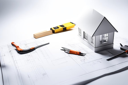 House model, blueprint, pencil, ruler on white background for architectural design and constructionの素材