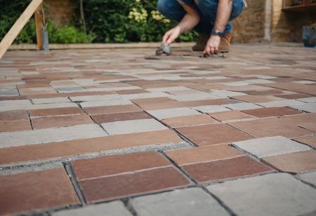 Laying gray concrete paving slabs in house courtyard driveway patio. Professional workers bricklayers are installing new tiles or slabs for driveway, sidewalk or patio on leveled sand foundation base.の素材