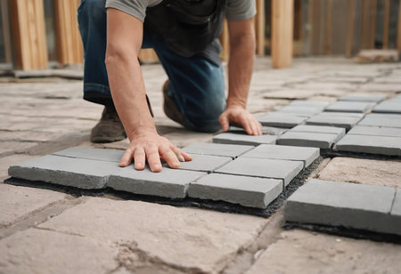 Laying gray concrete paving slabs in house courtyard driveway patio. Professional workers bricklayers are installing new tiles or slabs for driveway, sidewalk or patio on leveled sand foundation base.の素材