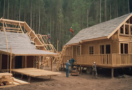 New residential construction home framing against a blue sky. Roofing construction. Wooden constructionの素材