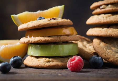 homemade oat cookies chips and ingredients banana walnuts almonds raisin dried apricots soft focus close upの素材