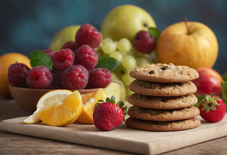 homemade oat cookies chips and ingredients banana walnuts almonds raisin dried apricots soft focus close upの素材