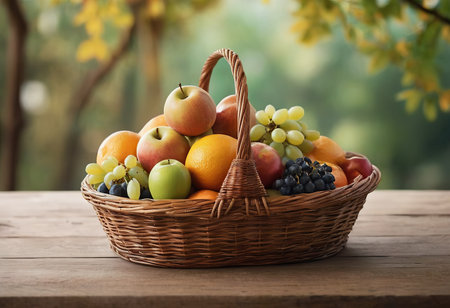 Basket and fresh fruits on wooden tableの素材