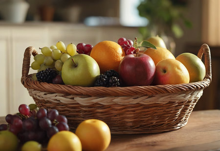 Basket and fresh fruits on wooden tableの素材