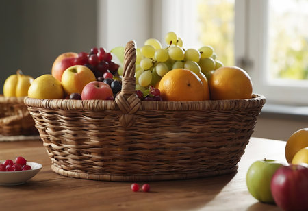 Basket and fresh fruits on wooden tableの素材