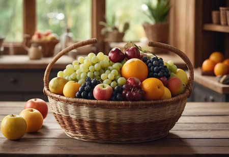 Basket and fresh fruits on wooden tableの素材