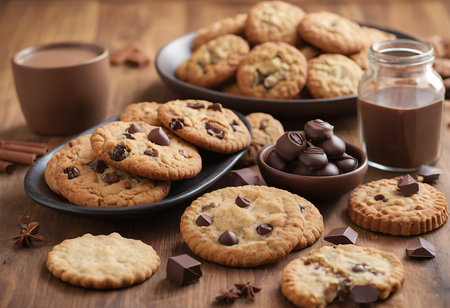 homemade oat cookies chips and ingredients banana walnuts almonds raisin dried apricots soft focus close upの素材