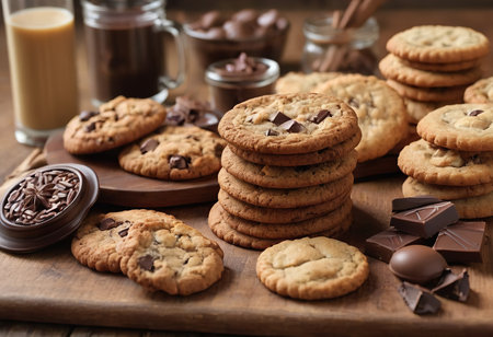 homemade oat cookies chips and ingredients banana walnuts almonds raisin dried apricots soft focus close upの素材