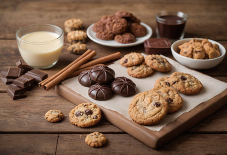 homemade oat cookies chips and ingredients banana walnuts almonds raisin dried apricots soft focus close upの素材