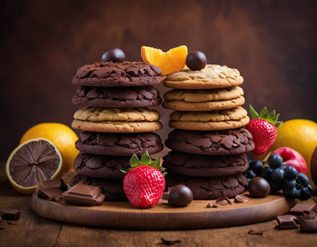 homemade oat cookies chips and ingredients banana walnuts almonds raisin dried apricots soft focus close upの素材