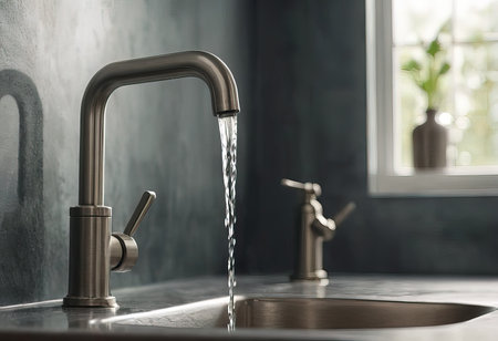 Kitchen water faucet. Water tap made of chrome materialの素材