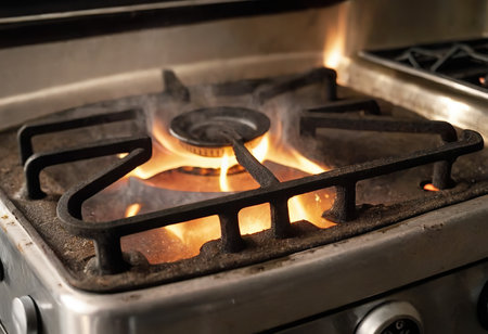 The gas burner on the dirty stove is on. Fire from a gas burner. blue flame from the stove gas comcorder. Dirty stove.の素材