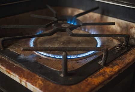 The gas burner on the dirty stove is on. Fire from a gas burner. blue flame from the stove gas comcorder. Dirty stove.の素材