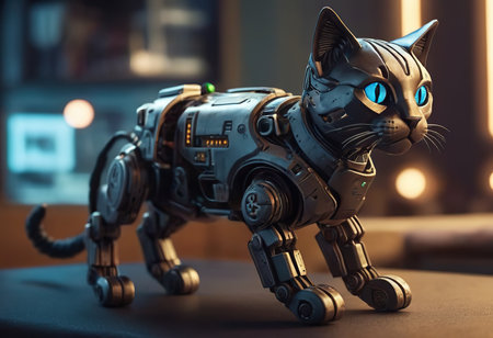 angry robot with cute flurry kitty cat on metall handsの素材