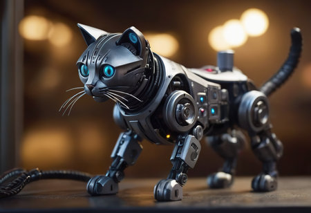 angry robot with cute flurry kitty cat on metall handsの素材