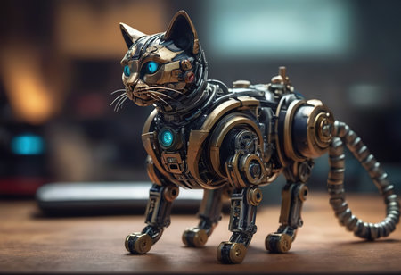 angry robot with cute flurry kitty cat on metall handsの素材