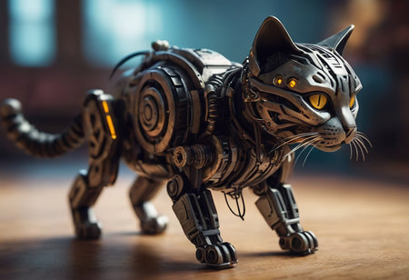 angry robot with cute flurry kitty cat on metall handsの素材