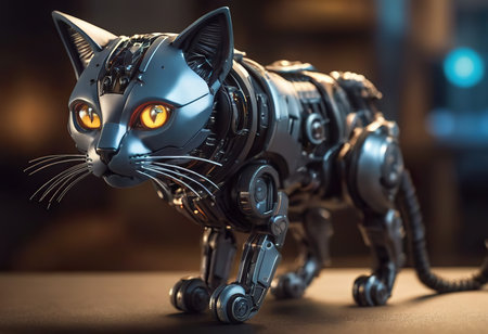 angry robot with cute flurry kitty cat on metall handsの素材