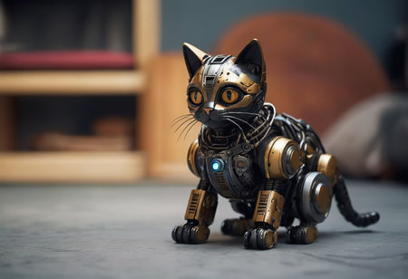 angry robot with cute flurry kitty cat on metall handsの素材