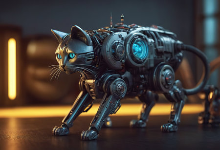 angry robot with cute flurry kitty cat on metall handsの素材