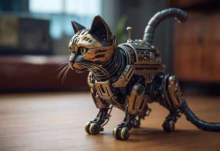 angry robot with cute flurry kitty cat on metall handsの素材