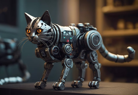 angry robot with cute flurry kitty cat on metall handsの素材