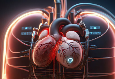 Abstract red human heart. Heart anatomy. Healthcare medical concept. Low poly style design. Geometric background.の素材