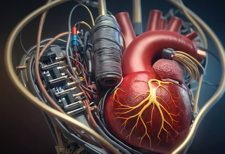 Abstract red human heart. Heart anatomy. Healthcare medical concept. Low poly style design. Geometric background.の素材
