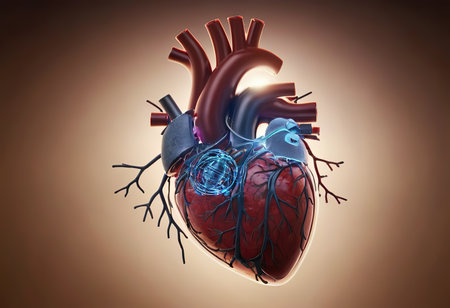 Abstract red human heart. Heart anatomy. Healthcare medical concept. Low poly style design. Geometric background.の素材