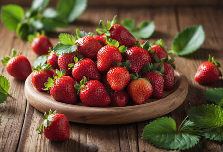 Fresh strawberries in a bowl on wooden table with low key scene.の素材