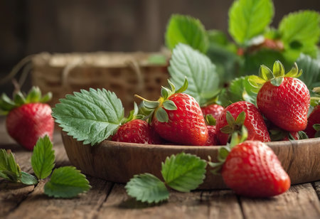 Fresh strawberries in a bowl on wooden table with low key scene.の素材
