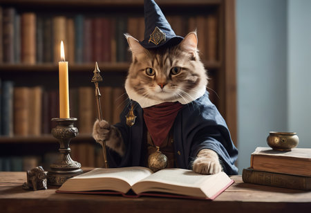 Funny calico cat lying among the books. Young cat playing with booksの素材
