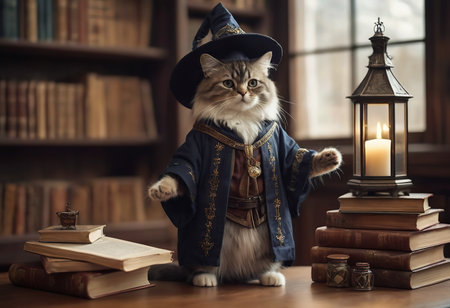 Funny calico cat lying among the books. Young cat playing with booksの素材